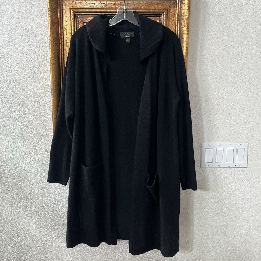 Charter Club Cashmere Cardigan Sweater Womens Size L Black Hooded Open Front